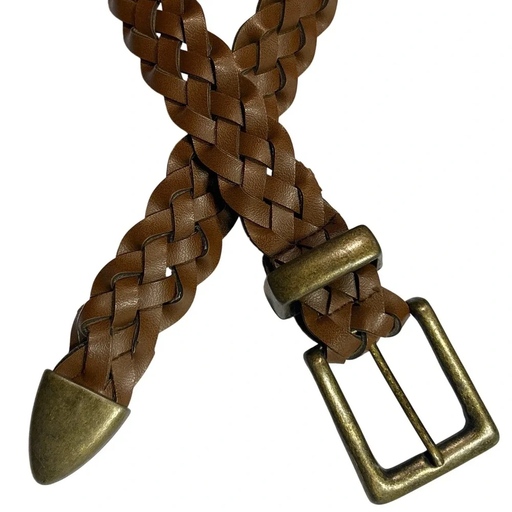 Brown Braided Leather Belt Weathered Brass Buckle Western Boho Up To‎ 37